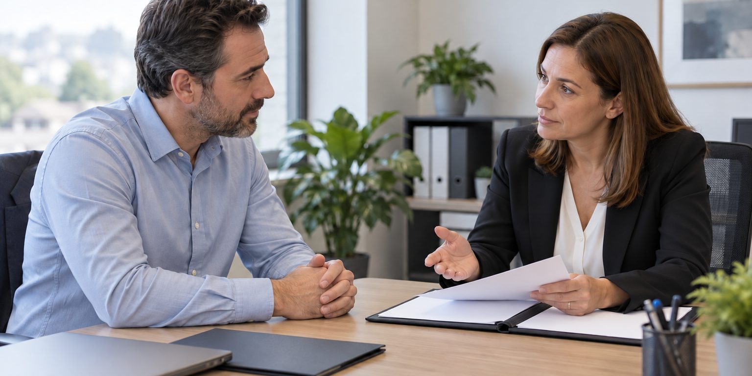 Conversación sobre una salida laboral Trabajador y responsable de recursos humanos conversando ante una mesa con carpetas