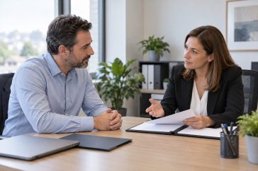 Trabajador y responsable de recursos humanos conversando ante una mesa con carpetas