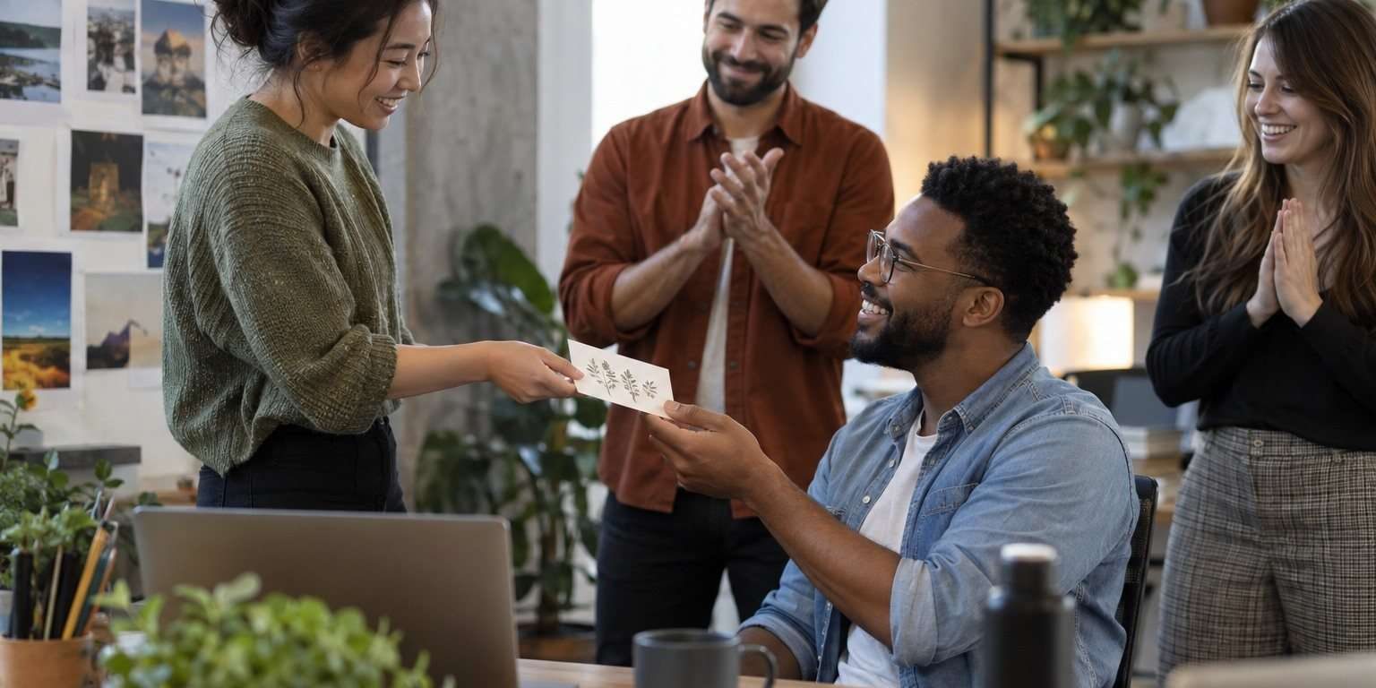 Carta de agradecimiento a compañeros de trabajo por apoyo: ejemplos cercanos — Imagen 1 Una compañera entrega una tarjeta de agradecimiento a un miembro del equipo.