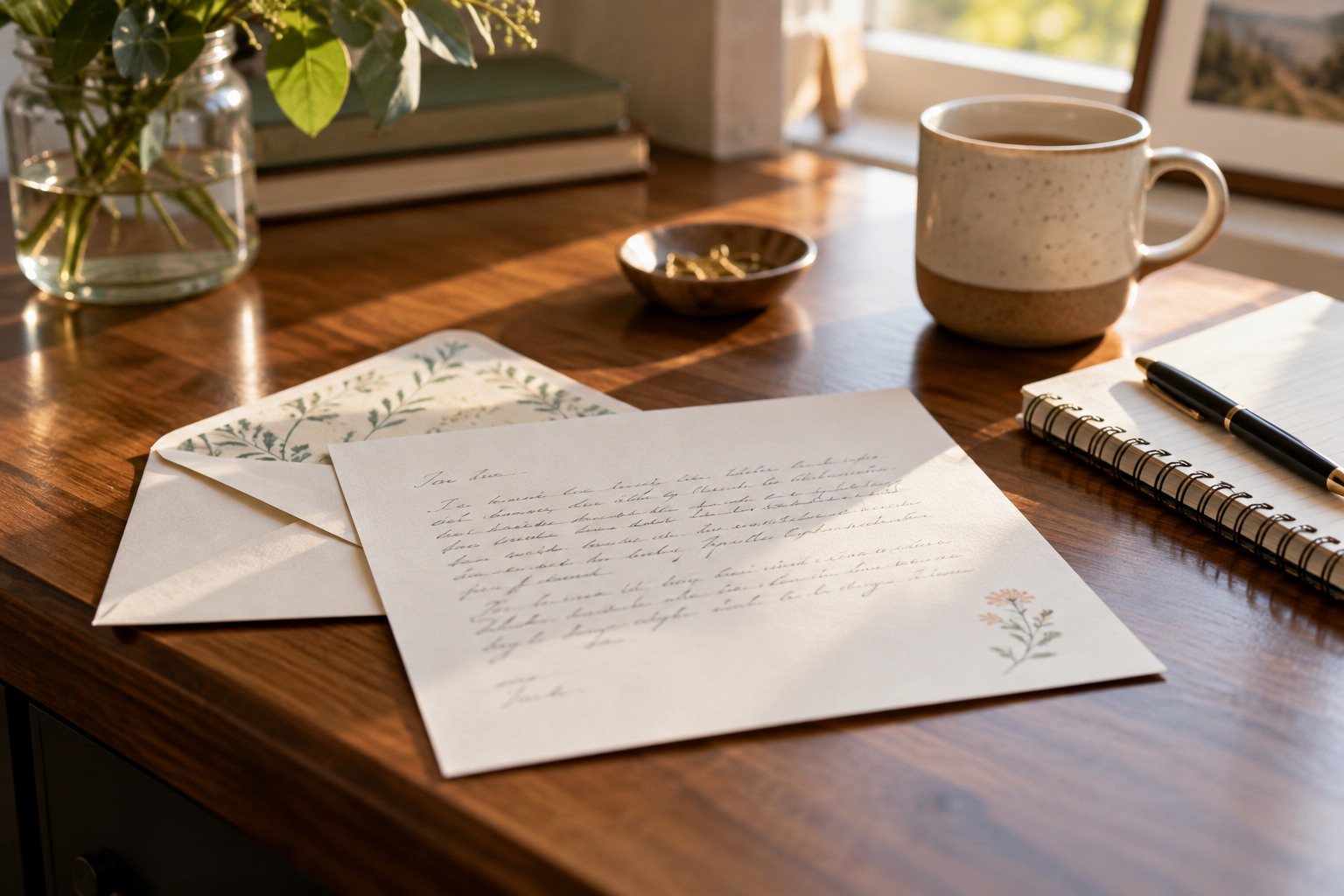 Una carta y un sobre junto a una libreta y una taza en un escritorio.