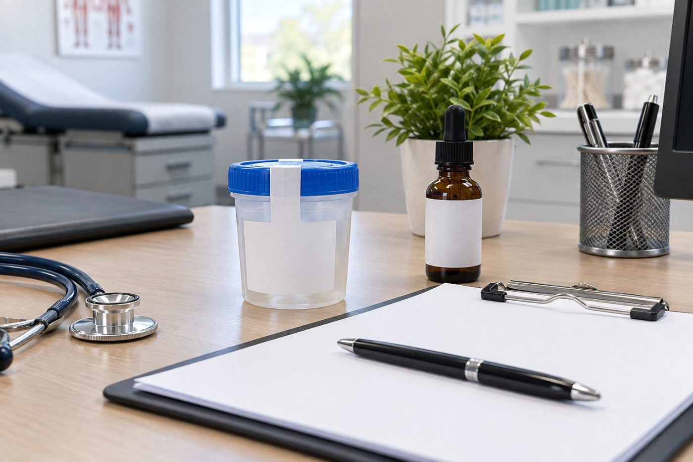 Recipiente de prueba y frasco sin etiqueta sobre una mesa clínica