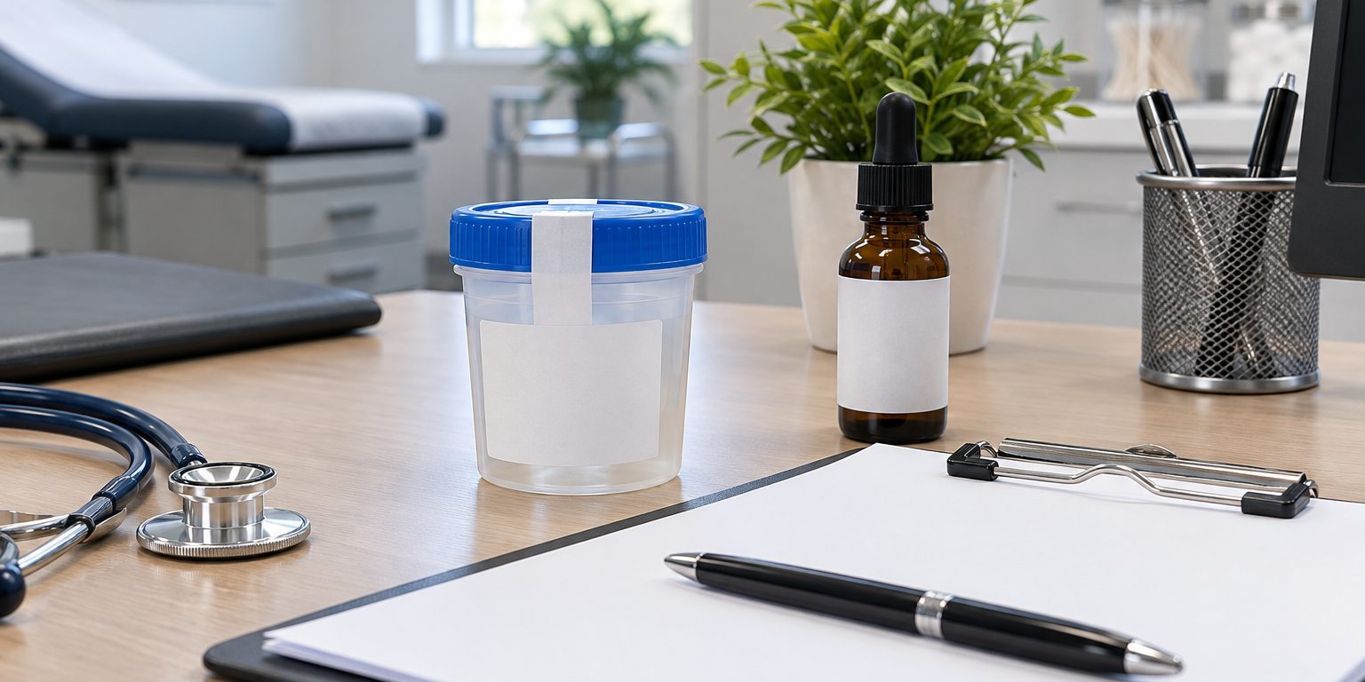 CBD y controles de drogas en el trabajo Recipiente de prueba y frasco sin etiqueta sobre una mesa clínica