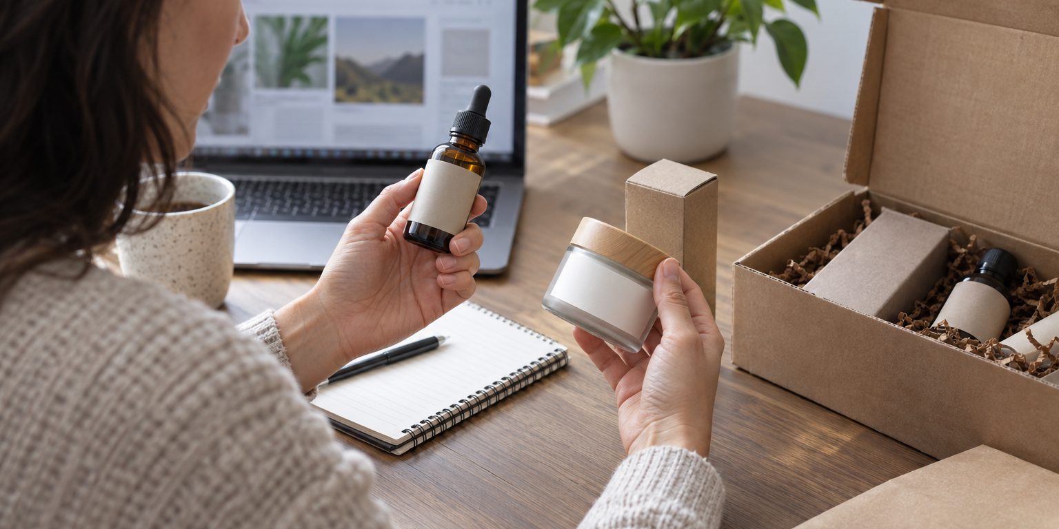 Consumidora revisa envases neutros de productos con CBD junto a un portátil y un paquete de envío