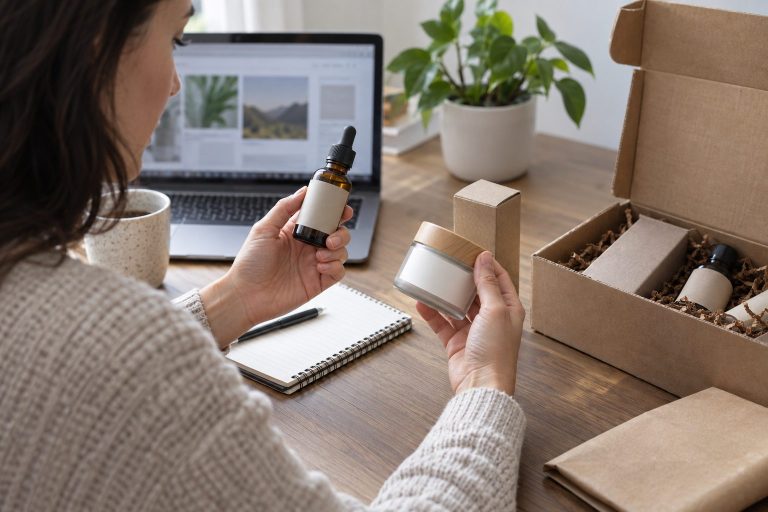 Consumidora revisa envases neutros de productos con CBD junto a un portátil y un paquete de envío