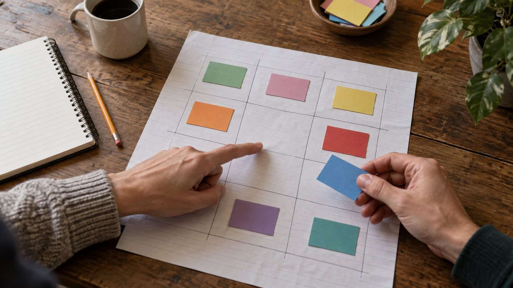 Tarjetas de colores distribuidas en una cuadrícula de tareas sobre una mesa.