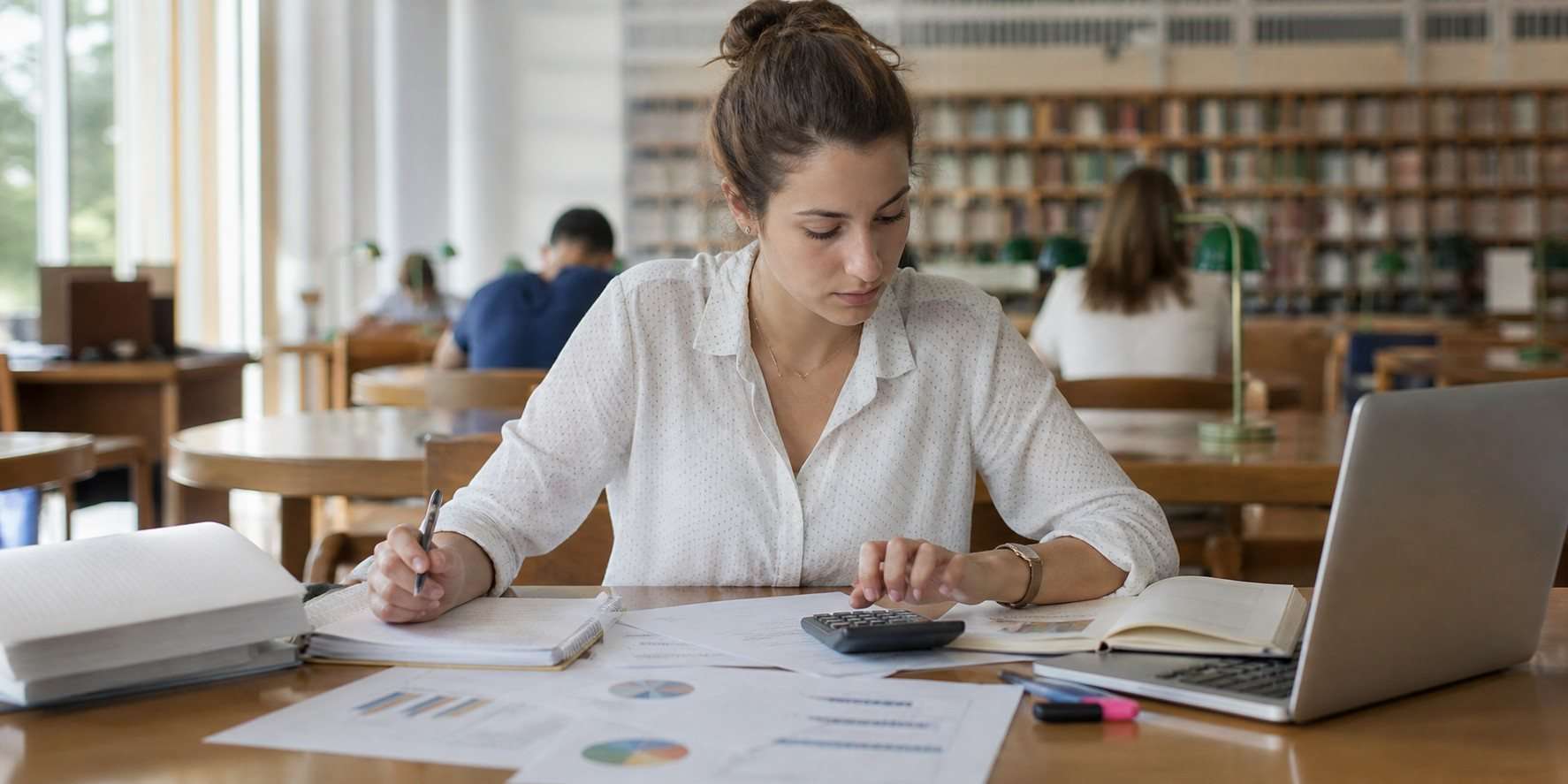 Estudiante de Administración de Empresas analizando un caso con gráficos y notas