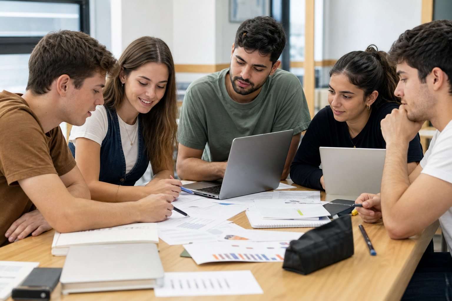 Grupo universitario trabajando en un caso de operaciones y finanzas