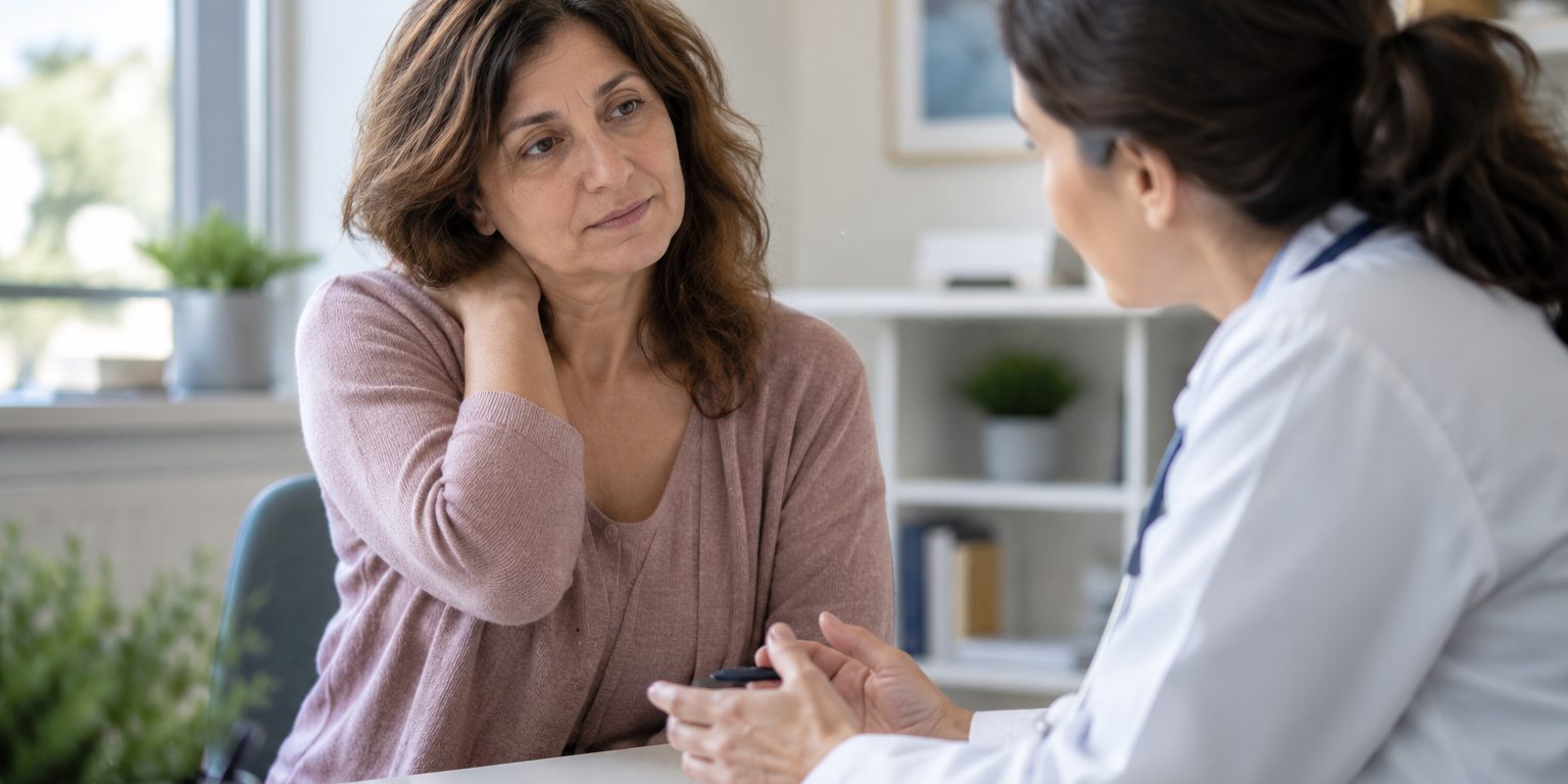 Valoración clínica de síntomas y limitaciones Mujer adulta conversando con una profesional sanitaria en una consulta luminosa