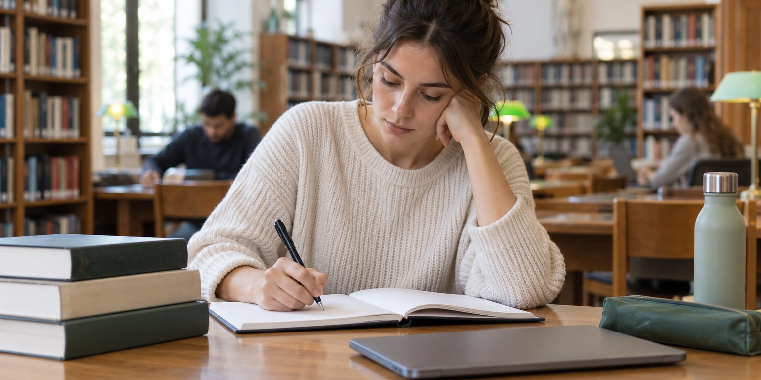 Preparación de oposiciones en una biblioteca Persona joven estudiando en una biblioteca con cuaderno, libros y ordenador cerrado