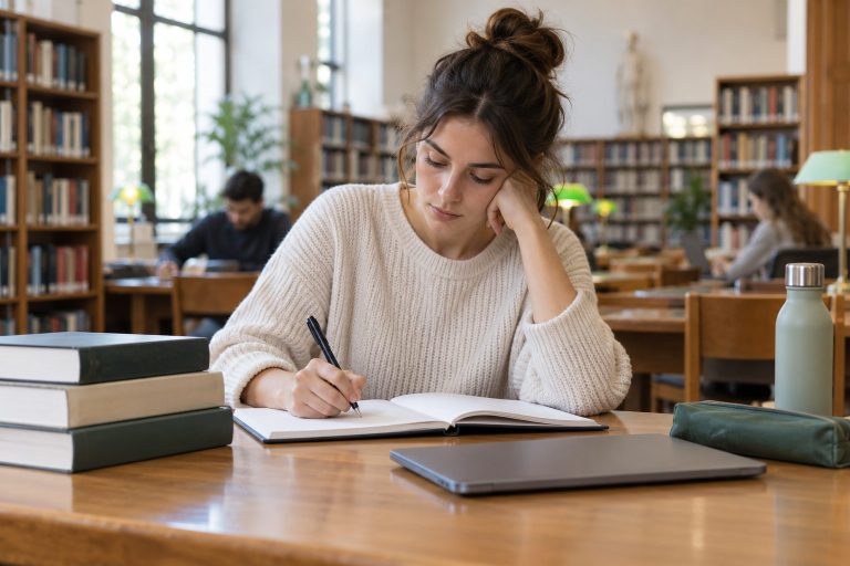 Persona joven estudiando en una biblioteca con cuaderno, libros y ordenador cerrado