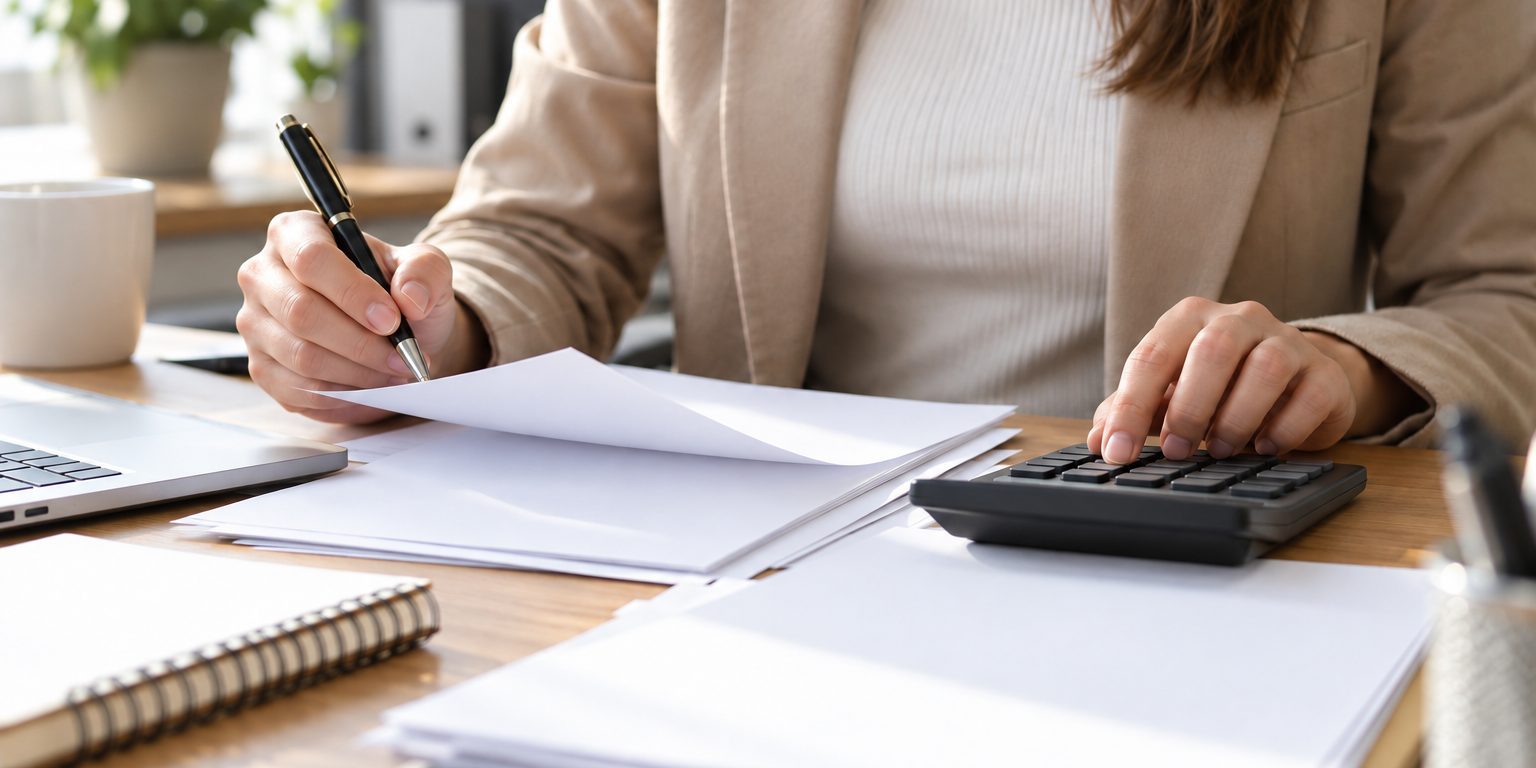 Comprobación de una liquidación laboral Manos de una trabajadora con bolígrafo y calculadora ante varias hojas blancas