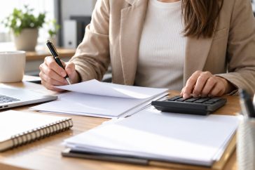 Manos de una trabajadora con bolígrafo y calculadora ante varias hojas blancas