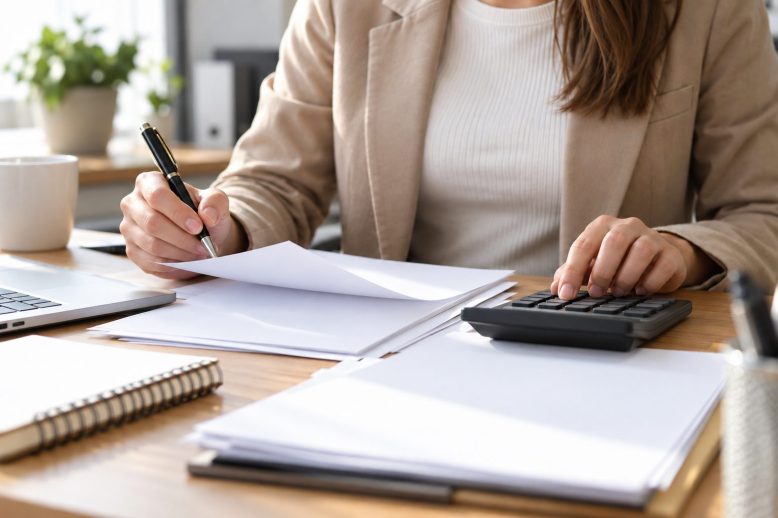 Manos de una trabajadora con bolígrafo y calculadora ante varias hojas blancas